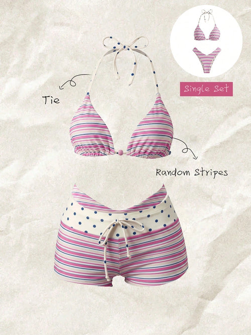 Elavelle Women's Spring/Summer Random Print Beaded Bikini Set