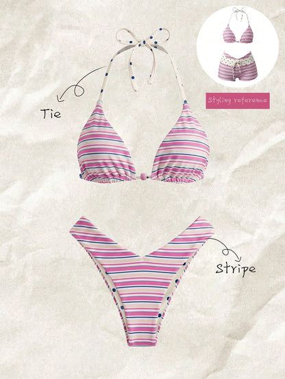 Elavelle Women's Spring/Summer Random Print Beaded Bikini Set