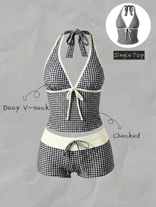 Elavelle Women's Spring/Summer Random Print Spaghetti Strap Bow Tank Bikini Top