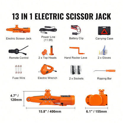 Electric Car Jack, 3 Tons/6600 Lbs Scissor Jack With Electric Impact Wrench, 12V Car Jack With Double Saddles With Remote Control, Portable Car Jack Lifting For Sedan, SUV, Truck Tire Change