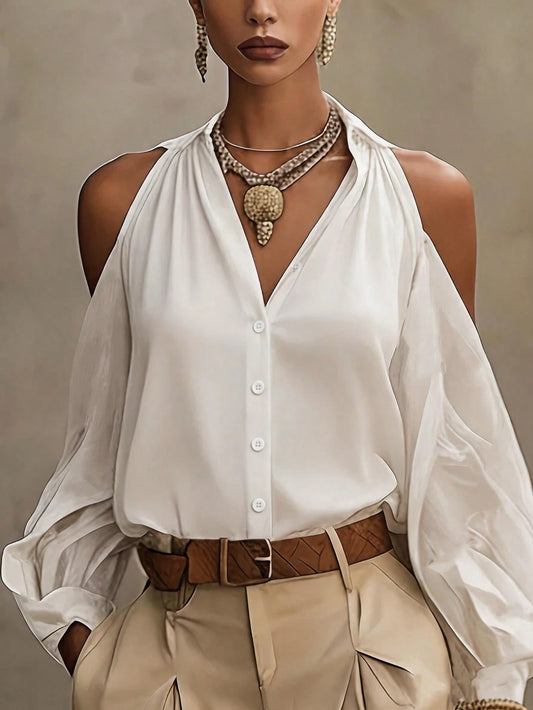 Elegant & Comfortable White Collar Lantern Sleeve Cold Shoulder Top, Spring/Summer