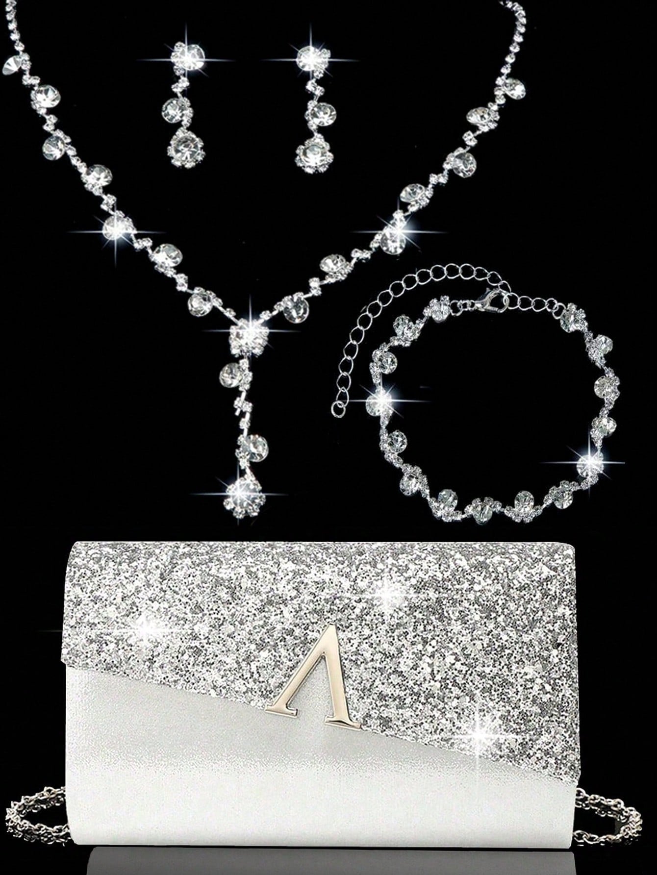 Elegant Evening Clutch, Sparkling A-Shaped Diamond Flap Envelope Clutch, Comes With Sparkling Rhinestone Jewelry Set Of 3, Elegant Evening Clutch, Women's Ball Handbag, Women's Wedding Evening Bag, Pa