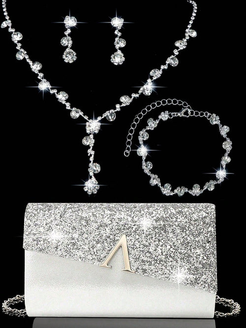 Elegant Evening Clutch, Sparkling A-Shaped Diamond Flap Envelope Clutch, Comes With Sparkling Rhinestone Jewelry Set Of 3, Elegant Evening Clutch, Women's Ball Handbag, Women's Wedding Evening Bag, Pa