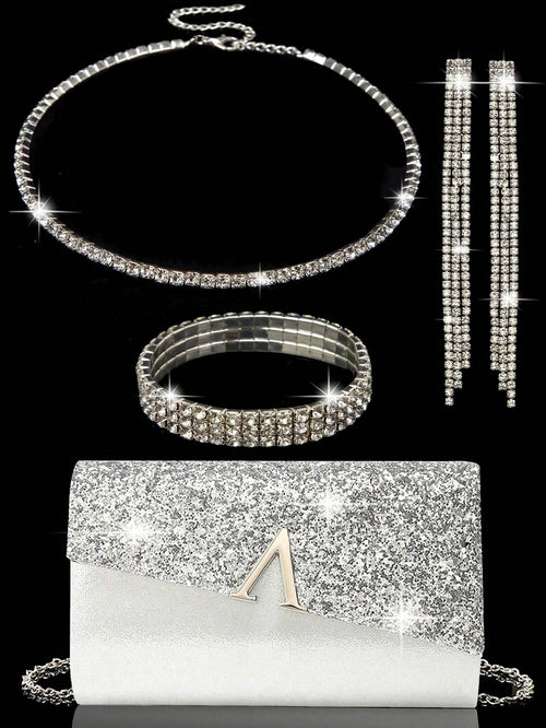 Elegant Evening Clutch, Sparkling A-Shaped Diamond Flap Envelope Clutch, Comes With Sparkling Rhinestone Jewelry 3 Pieces Set, Elegant Evening Clutch, Women's Ball Handbag, Women's Wedding Evening Bag