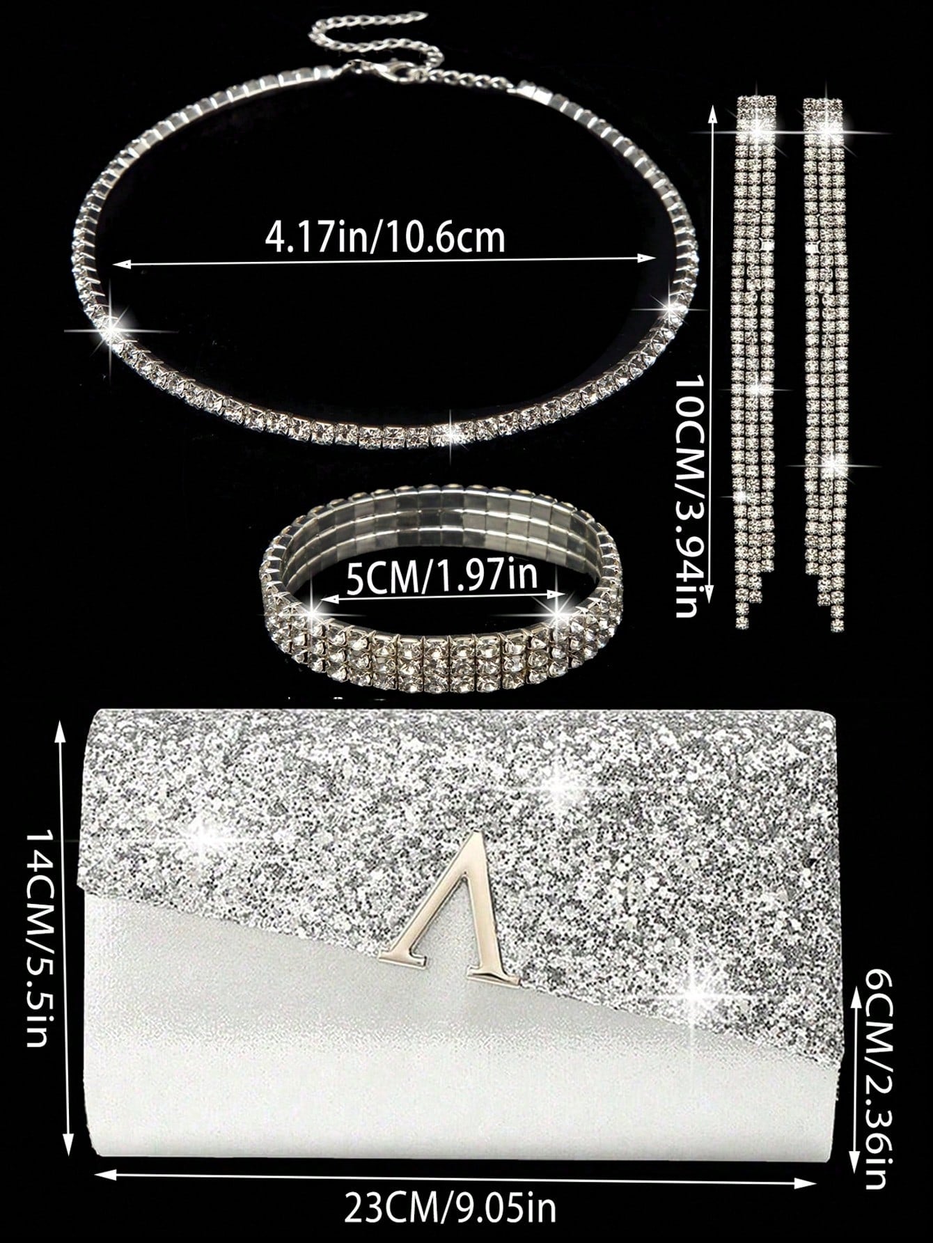 Elegant Evening Clutch, Sparkling A-Shaped Diamond Flap Envelope Clutch, Comes With Sparkling Rhinestone Jewelry 3 Pieces Set, Elegant Evening Clutch, Women's Ball Handbag, Women's Wedding Evening Bag