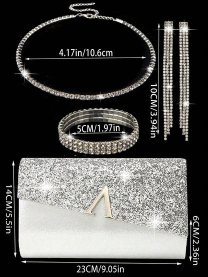 Elegant Evening Clutch, Sparkling A-Shaped Diamond Flap Envelope Clutch, Comes With Sparkling Rhinestone Jewelry 3 Pieces Set, Elegant Evening Clutch, Women's Ball Handbag, Women's Wedding Evening Bag