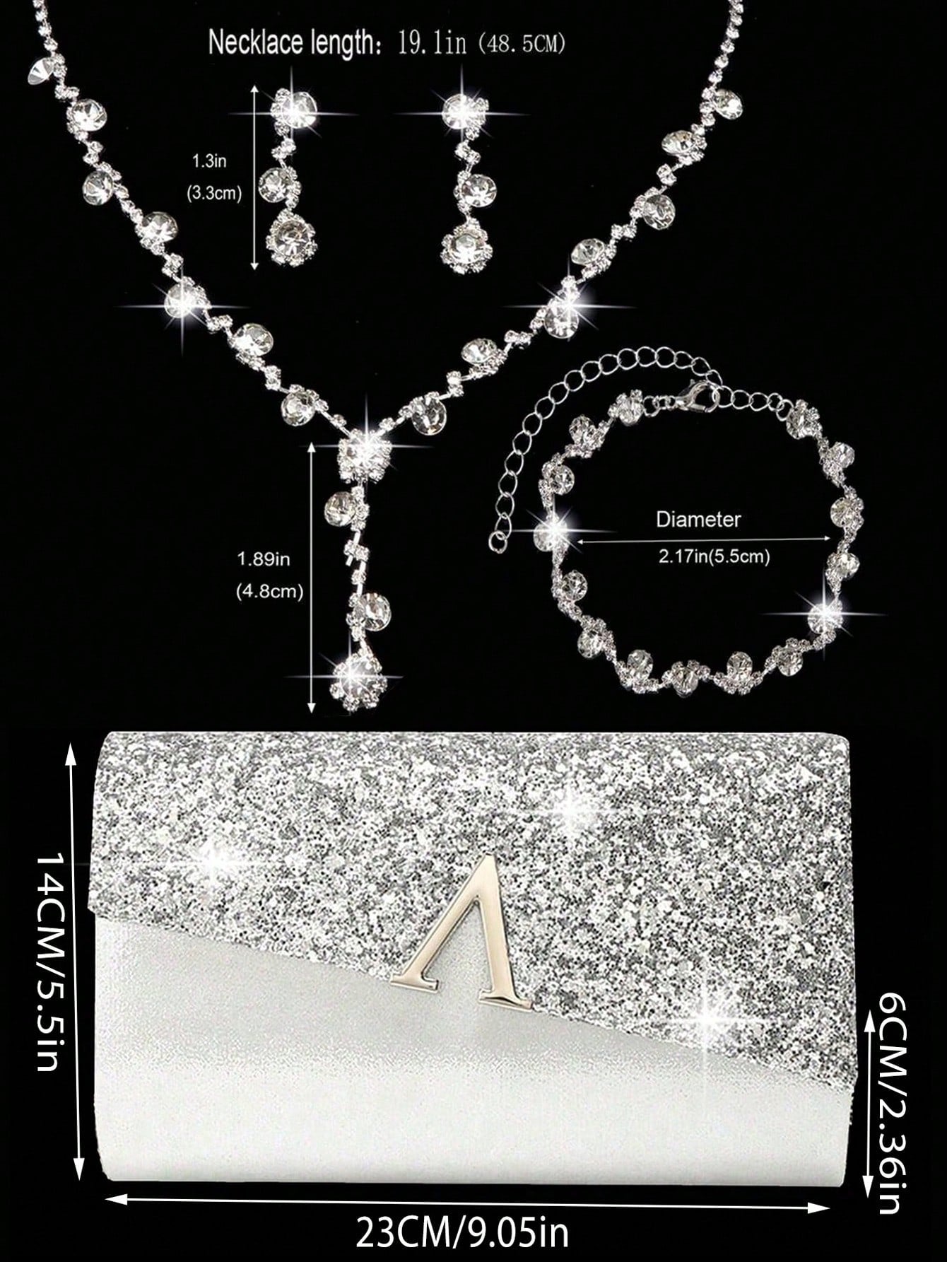 Elegant Evening Clutch, Sparkling A-Shaped Diamond Flap Envelope Clutch, Comes With Sparkling Rhinestone Jewelry Set Of 3, Elegant Evening Clutch, Women's Ball Handbag, Women's Wedding Evening Bag, Pa