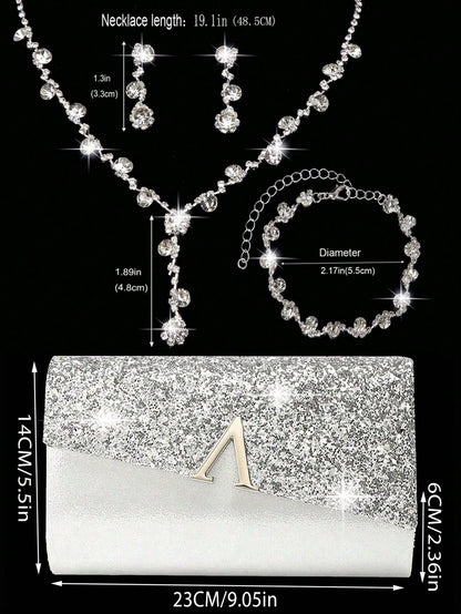 Elegant Evening Clutch, Sparkling A-Shaped Diamond Flap Envelope Clutch, Comes With Sparkling Rhinestone Jewelry Set Of 3, Elegant Evening Clutch, Women's Ball Handbag, Women's Wedding Evening Bag, Pa