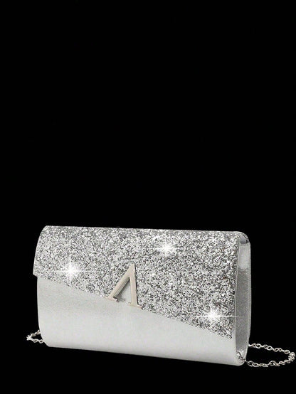 Elegant Evening Clutch, Sparkling A-Shaped Diamond Flap Envelope Clutch, Comes With Sparkling Rhinestone Jewelry 3 Pieces Set, Elegant Evening Clutch, Women's Ball Handbag, Women's Wedding Evening Bag