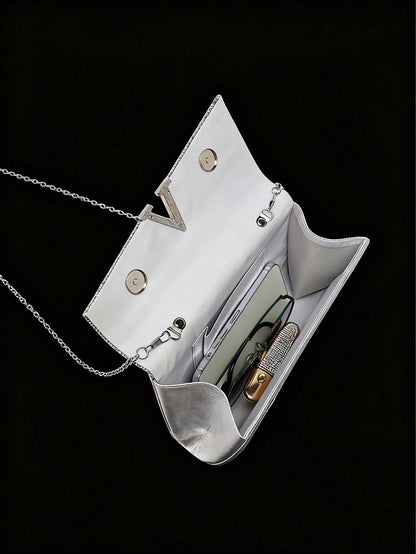 Elegant Evening Clutch, Sparkling A-Shaped Diamond Flap Envelope Clutch, Comes With Sparkling Rhinestone Jewelry Set Of 3, Elegant Evening Clutch, Women's Ball Handbag, Women's Wedding Evening Bag, Pa