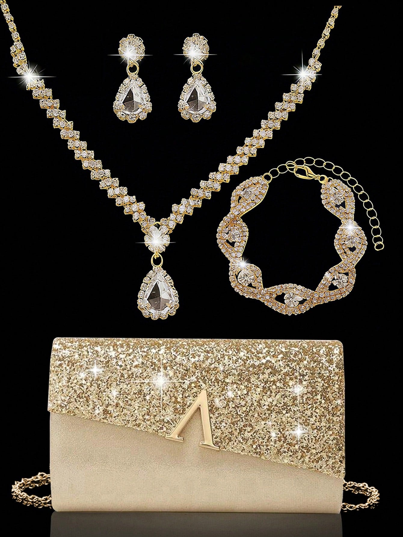 Elegant Evening Clutch, Sparkling A-Shaped Diamond Flap Envelope Clutch, Comes With Sparkling Rhinestone Jewelry Set Of 3, Elegant Evening Clutch, Women's Ball Handbag, Women's Wedding Evening Bag, Pa