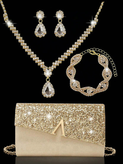 Elegant Evening Clutch, Sparkling A-Shaped Diamond Flap Envelope Clutch, Comes With Sparkling Rhinestone Jewelry Set Of 3, Elegant Evening Clutch, Women's Ball Handbag, Women's Wedding Evening Bag, Pa