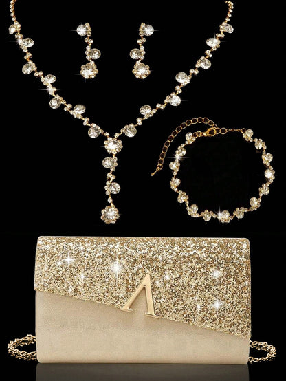 Elegant Evening Clutch, Sparkling A-Shaped Diamond Flap Envelope Clutch, Comes With Sparkling Rhinestone Jewelry 3 Pieces Set, Elegant Evening Clutch, Women's Ball Handbag, Women's Wedding Evening Bag