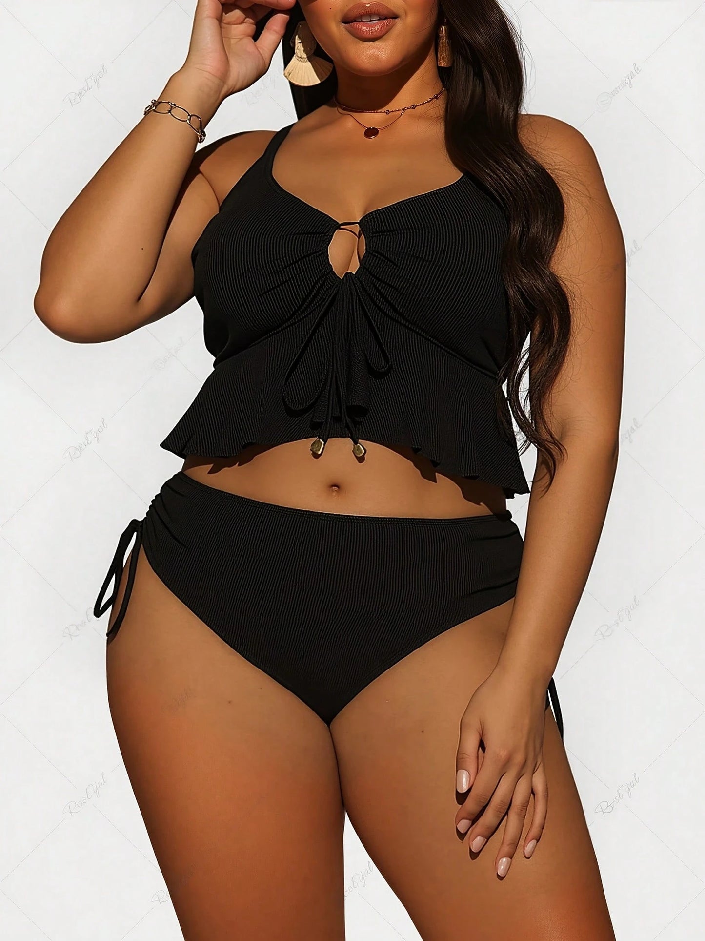 Elegant Plus Size Ribbed Drawstring Tankini Top With High Waist Bikini Bottoms Swimsuit Set For Women