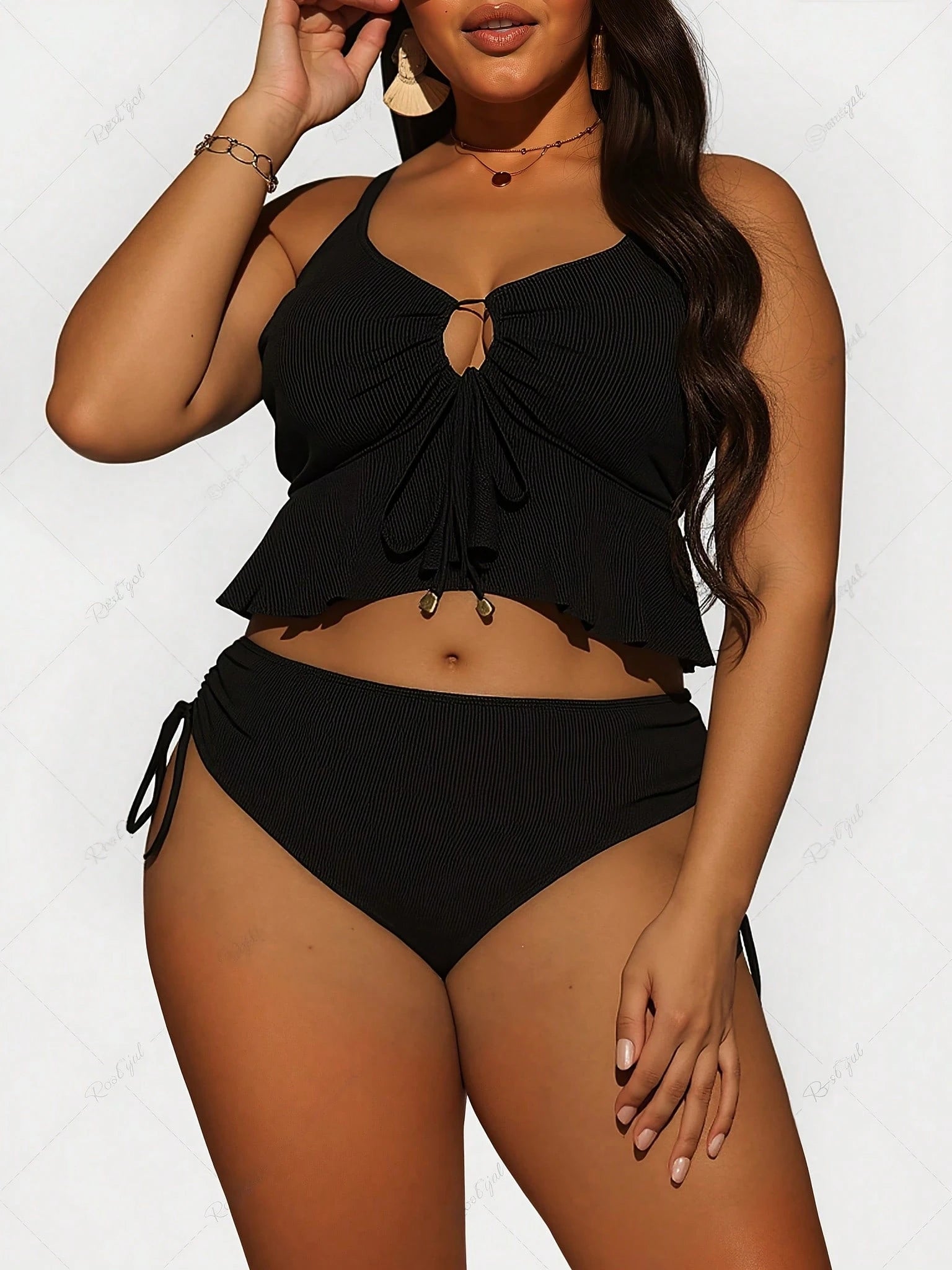 Elegant Plus Size Ribbed Drawstring Tankini Top With High Waist Bikini Bottoms Swimsuit Set For Women