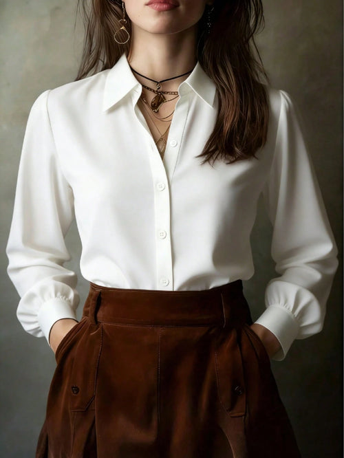 Elegant Solid Color Women's Long Sleeve Shirt, Versatile Casual Blouse For All Seasons White