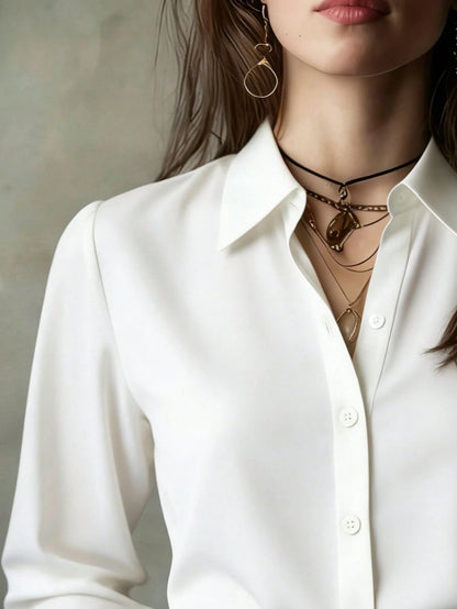 Elegant Solid Color Women's Long Sleeve Shirt, Versatile Casual Blouse For All Seasons White