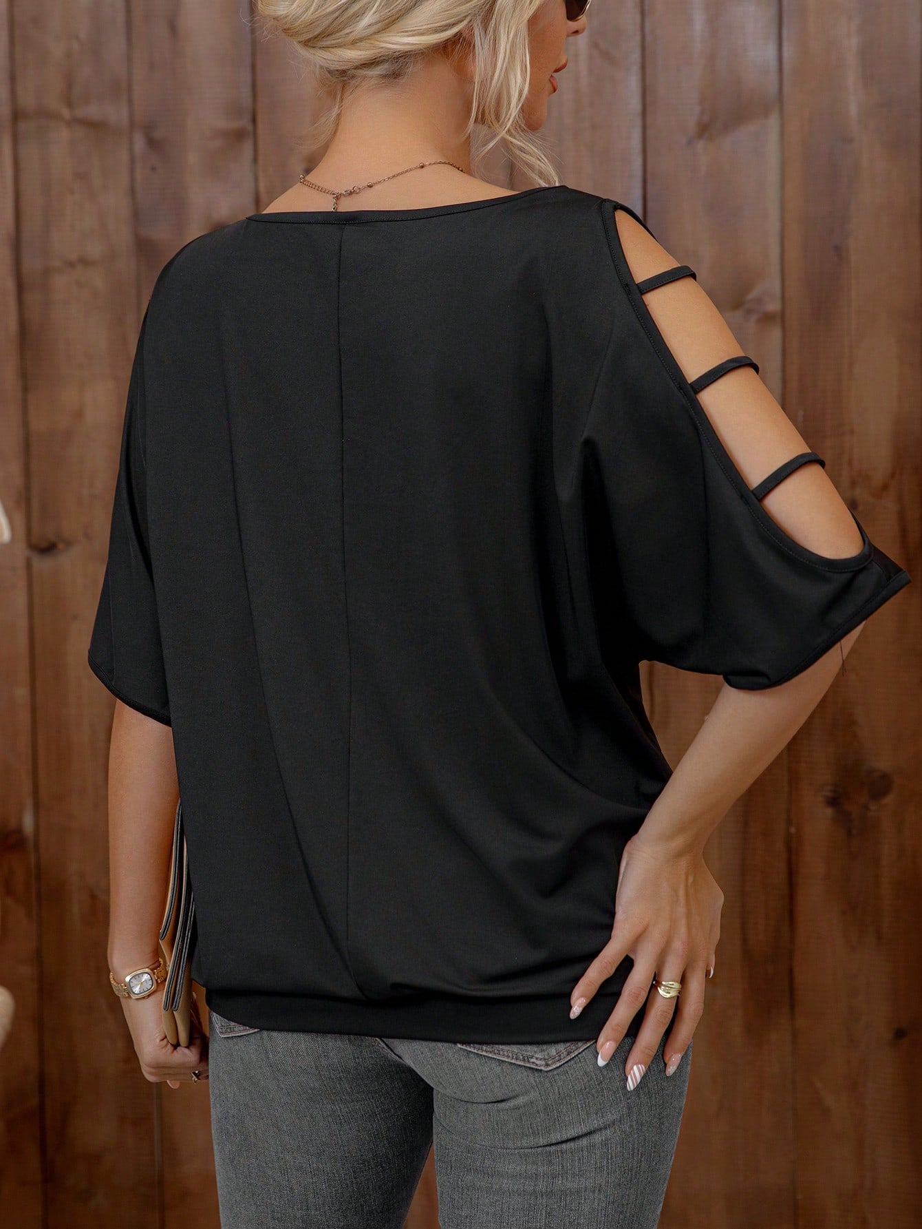 [Elegant Style] Women's Plus Size Elegant Solid Black T-Shirt With Hollow Sleeves- Round Neck, Stretchy Polyester Blend Fabric, Machine Washable, Suitable For Spring And Summer, Plus Size Top