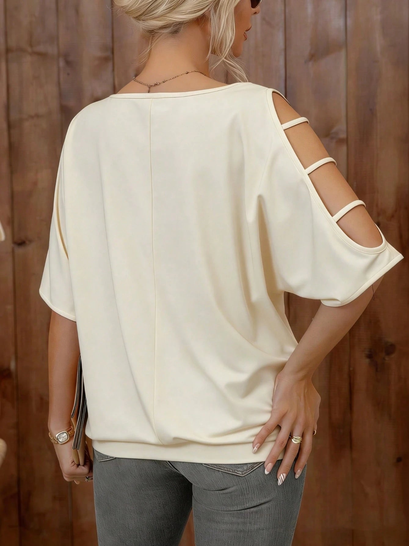 [Elegant Style] Women's Plus Size Elegant Solid Black T-Shirt With Hollow Sleeves- Round Neck, Stretchy Polyester Blend Fabric, Machine Washable, Suitable For Spring And Summer, Plus Size Top