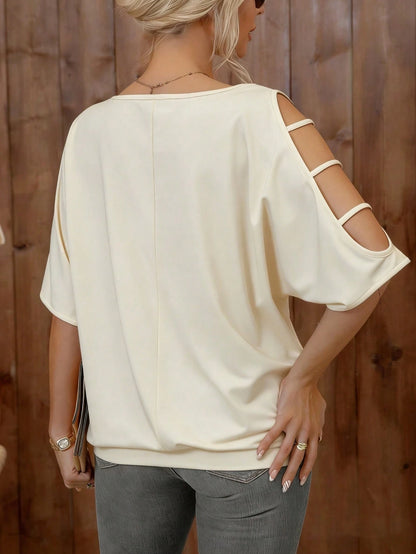 [Elegant Style] Women's Plus Size Elegant Solid Black T-Shirt With Hollow Sleeves- Round Neck, Stretchy Polyester Blend Fabric, Machine Washable, Suitable For Spring And Summer, Plus Size Top