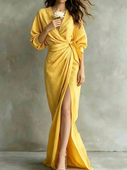 Elegant V-Neck Long Sleeve Solid Color Dress For Women In Spring/Autumn, Fitted Waist With Side Tie Design, Woven Non-Stretch Fabric, Slit Hem Yellow