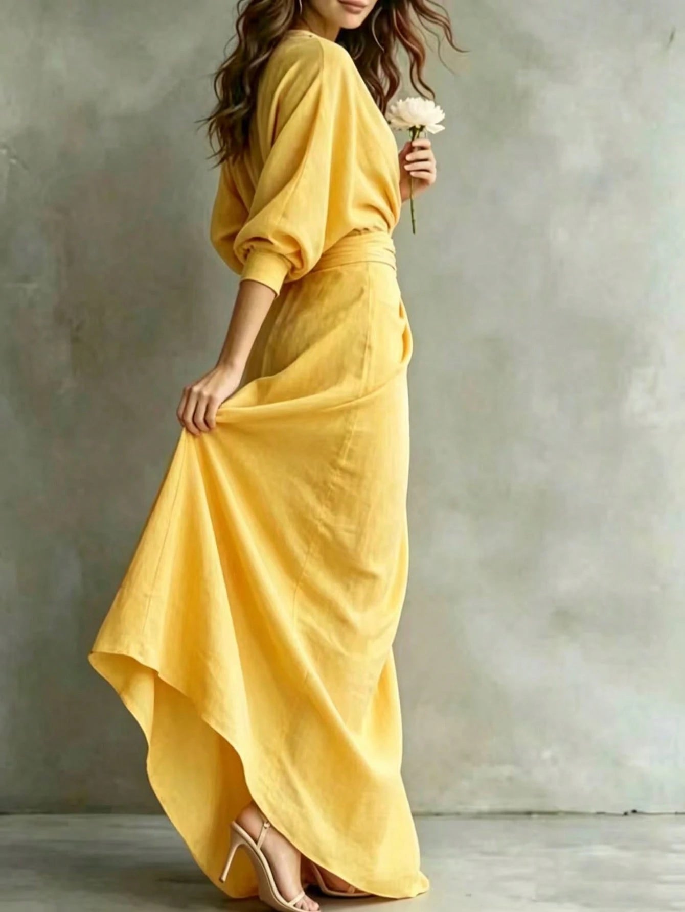 Elegant V-Neck Long Sleeve Solid Color Dress For Women In Spring/Autumn, Fitted Waist With Side Tie Design, Woven Non-Stretch Fabric, Slit Hem Yellow
