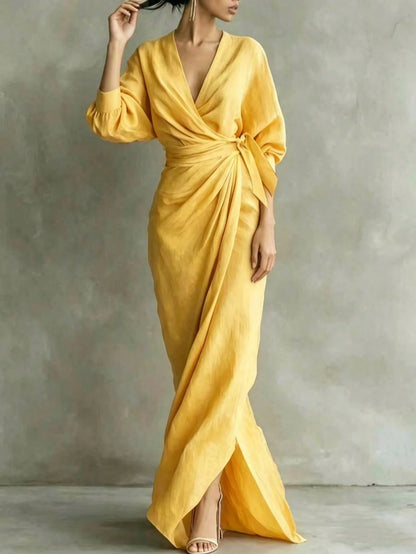 Elegant V-Neck Long Sleeve Solid Color Dress For Women In Spring/Autumn, Fitted Waist With Side Tie Design, Woven Non-Stretch Fabric, Slit Hem Yellow