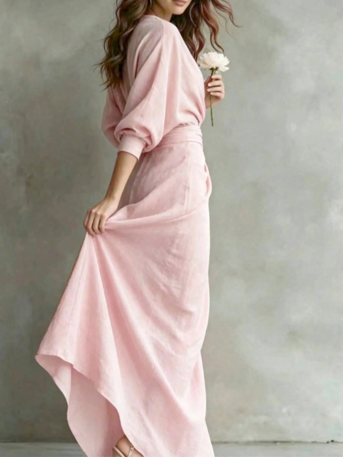 Elegant V-Neck Long Sleeve Solid Color Dress For Women In Spring/Autumn, Fitted Waist With Side Tie Design, Woven Non-Stretch Fabric, Slit Hem Yellow