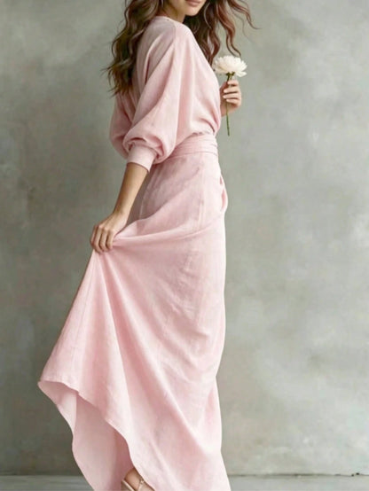 Elegant V-Neck Long Sleeve Solid Color Dress For Women In Spring/Autumn, Fitted Waist With Side Tie Design, Woven Non-Stretch Fabric, Slit Hem Yellow