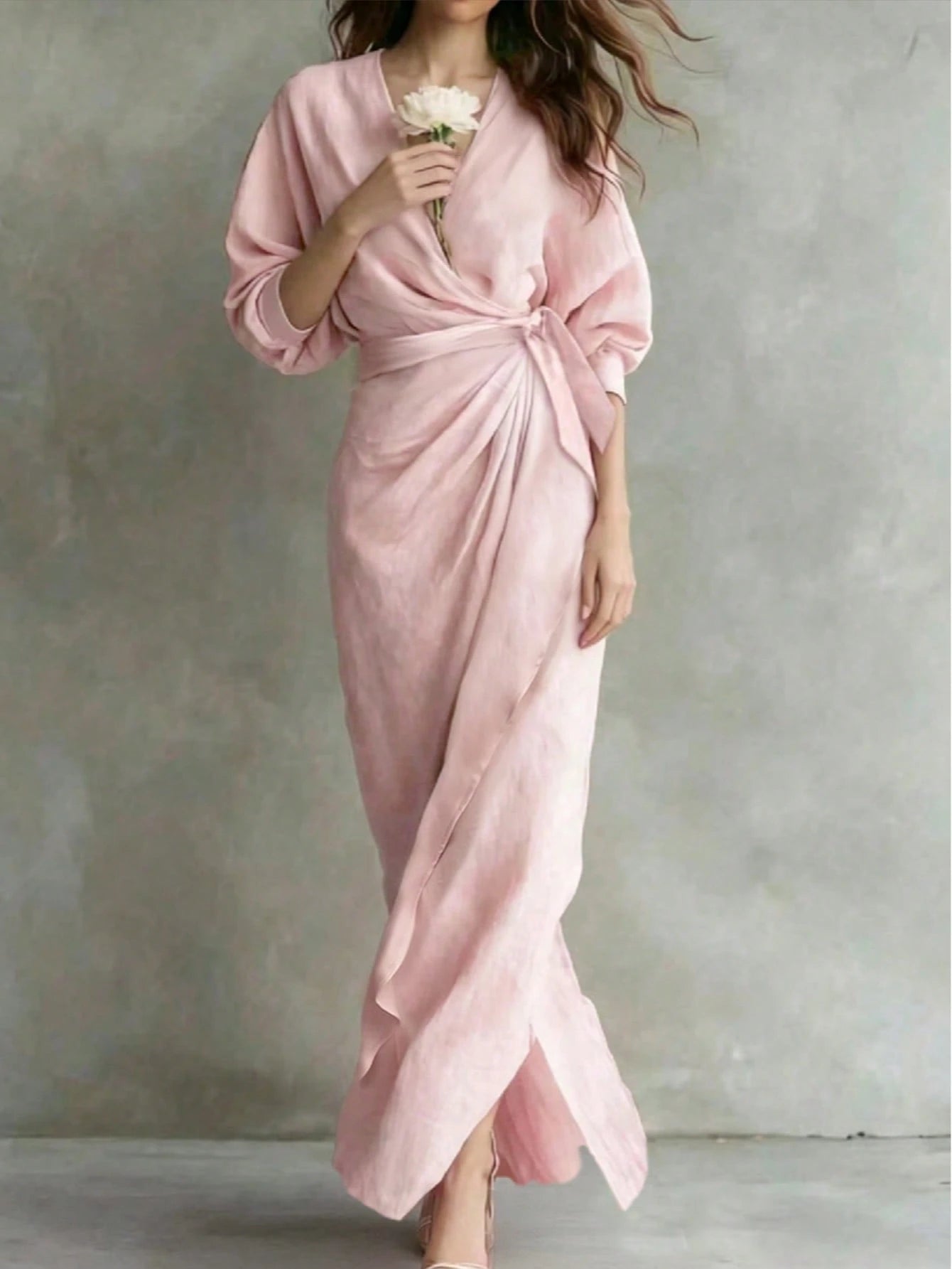 Elegant V-Neck Long Sleeve Solid Color Dress For Women In Spring/Autumn, Fitted Waist With Side Tie Design, Woven Non-Stretch Fabric, Slit Hem Yellow