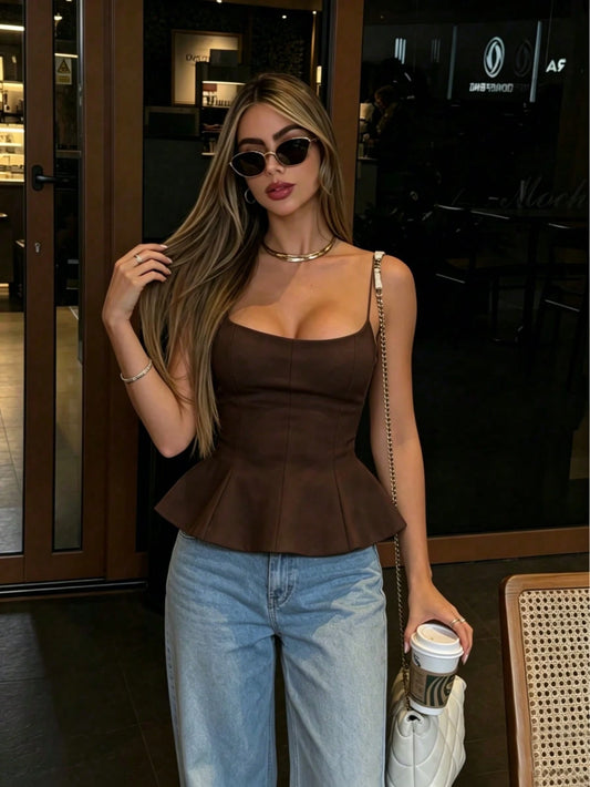 Elegant Women's Camisole, Spaghetti Strap, Cropped Design, Flared Hem Casual Summer