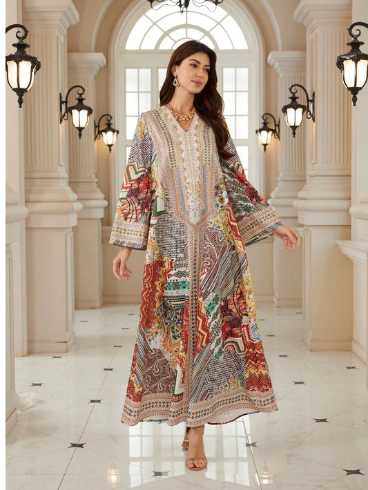 Elegant Women's Notch Neck Long Sleeve Arabian Dress, Made Of Woven Fabric With Vibrant Bohemian Print, Showcasing Elegant Style Fall