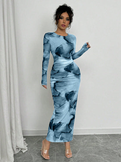 Elenzga Elegant Gradient Long Sleeve Slimming Women Dress Maxi Women Outfit