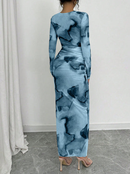 Elenzga Elegant Gradient Long Sleeve Slimming Women Dress Maxi Women Outfit