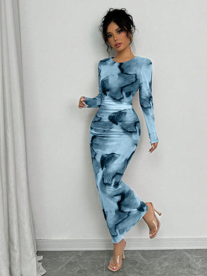 Elenzga Elegant Gradient Long Sleeve Slimming Women Dress Maxi Women Outfit