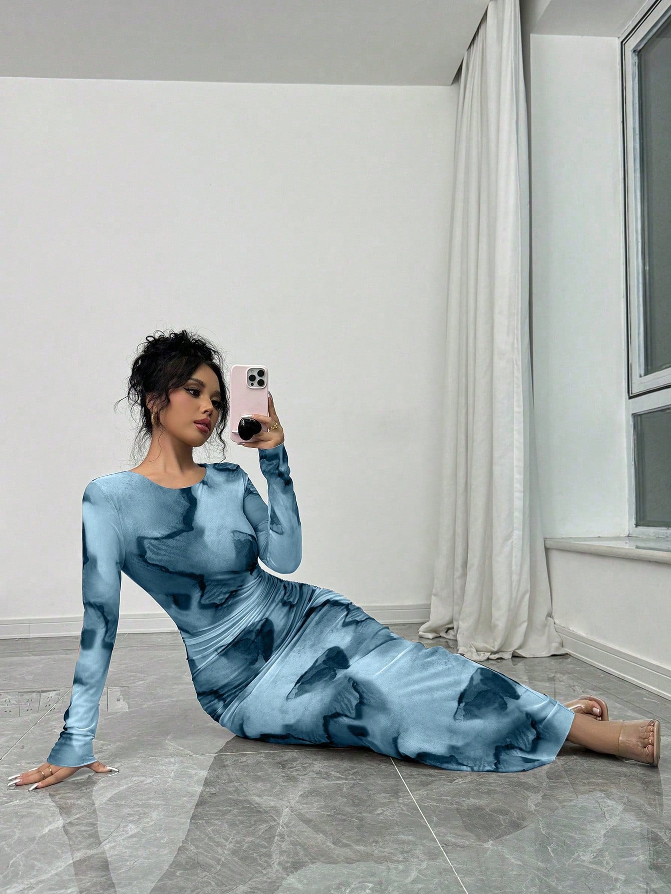 Elenzga Elegant Gradient Long Sleeve Slimming Women Dress Maxi Women Outfit