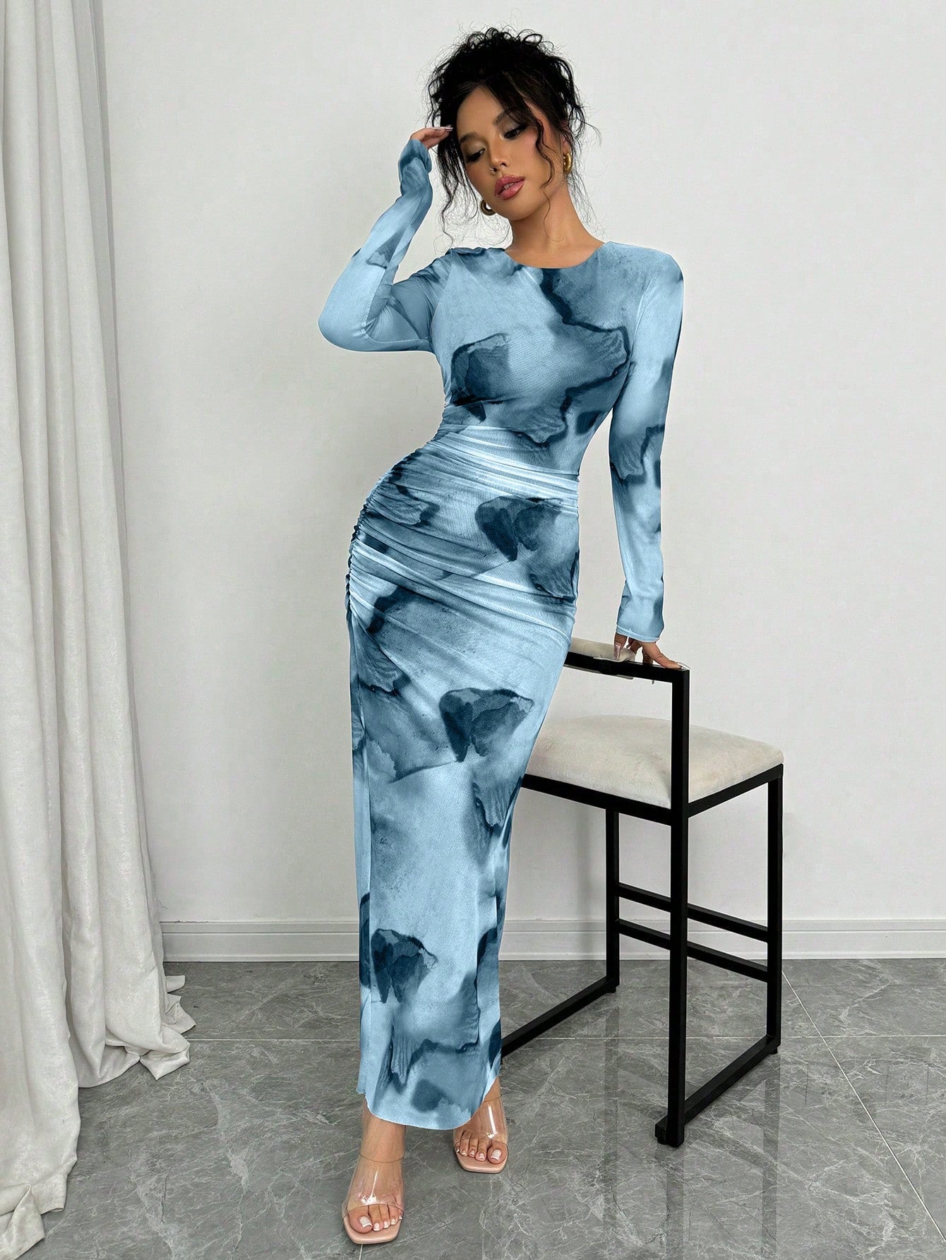 Elenzga Elegant Gradient Long Sleeve Slimming Women Dress Maxi Women Outfit
