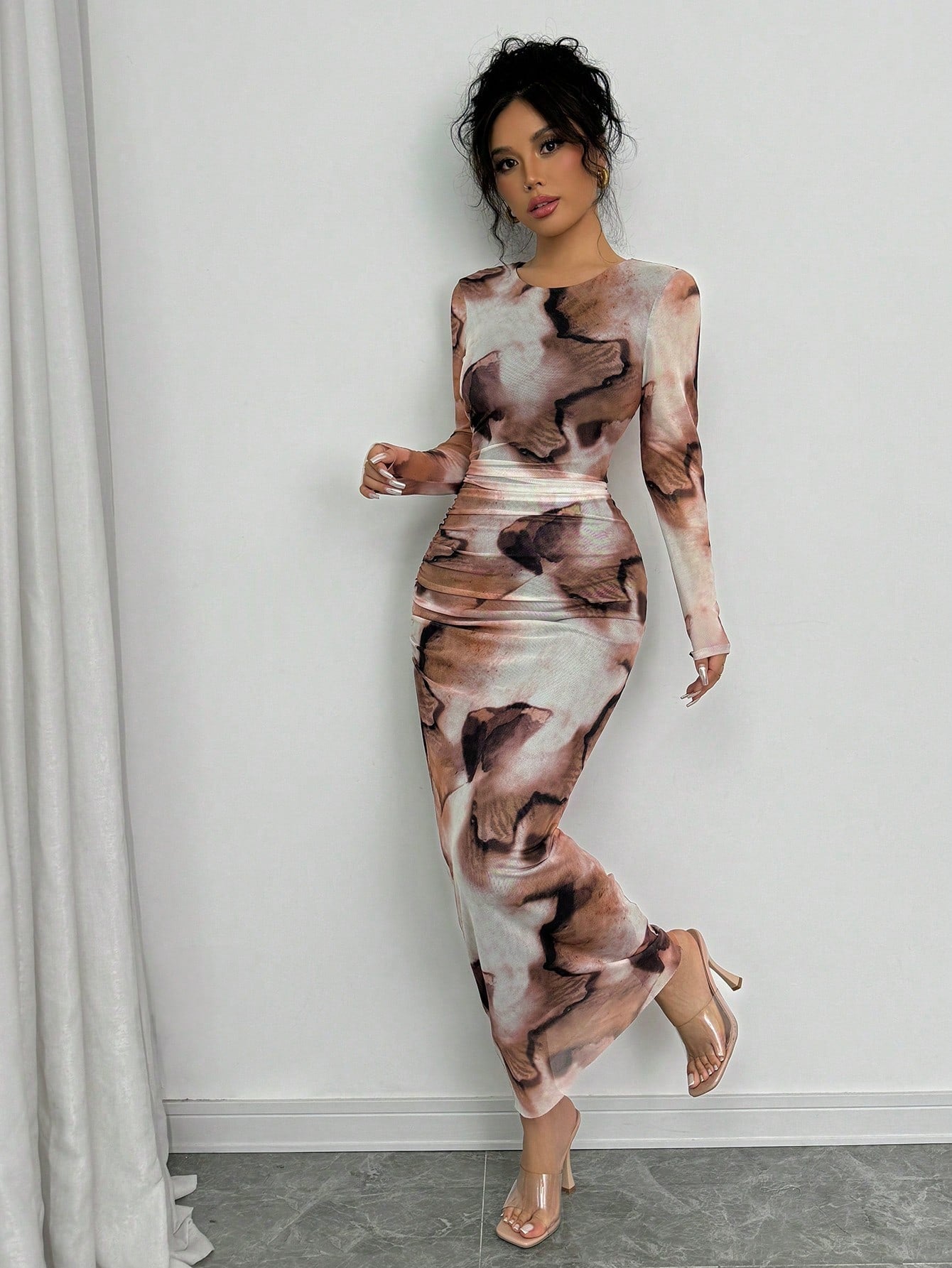Elenzga Elegant Gradient Long Sleeve Slimming Women Dress Maxi Women Outfit
