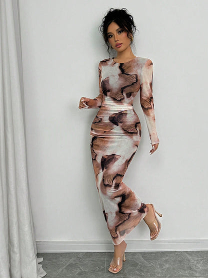 Elenzga Elegant Gradient Long Sleeve Slimming Women Dress Maxi Women Outfit