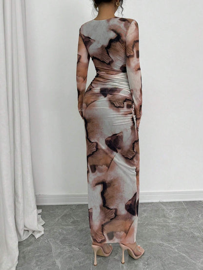 Elenzga Elegant Gradient Long Sleeve Slimming Women Dress Maxi Women Outfit