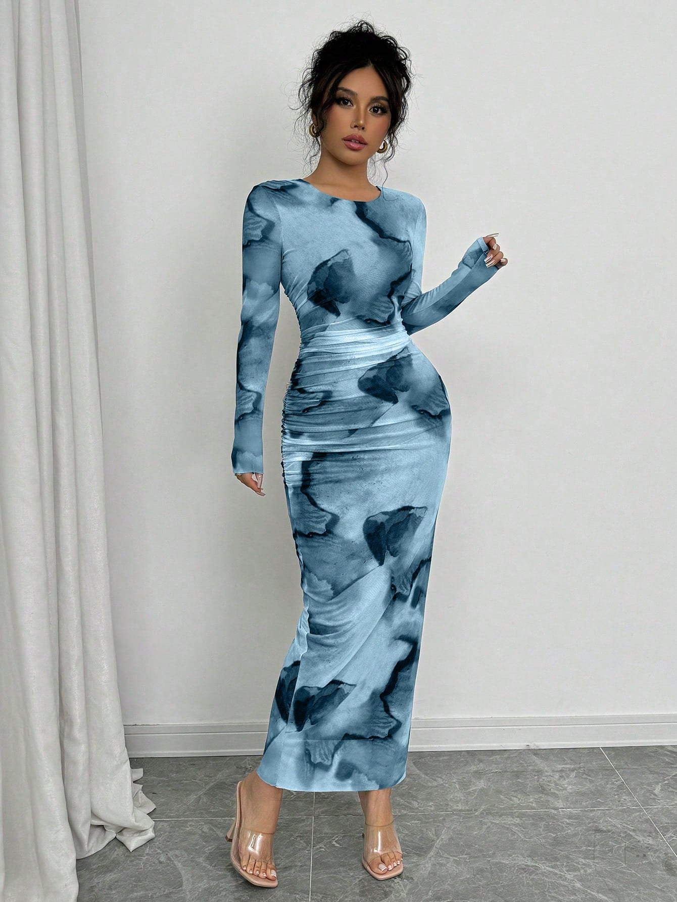 Elenzga Elegant Gradient Long Sleeve Slimming Women Dress Maxi Women Outfit