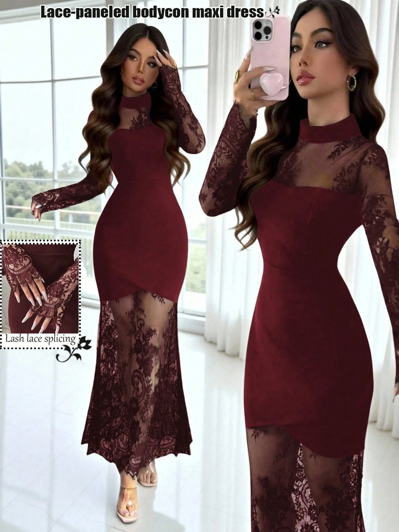 Elenzga New Lace Hollow Out Long Sleeve Dress,Burgundy,Autumn,Elegant,Evening Waist Cinched High-End Stretchy Mermaid Formal Gown Bodycon Maxi Dress Dining