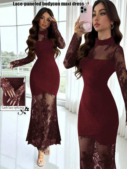Elenzga New Lace Hollow Out Long Sleeve Dress,Burgundy,Autumn,Elegant,Evening Waist Cinched High-End Stretchy Mermaid Formal Gown Bodycon Maxi Dress Dining