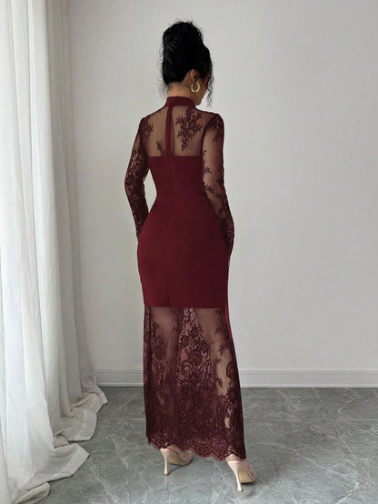 Elenzga New Lace Hollow Out Long Sleeve Dress,Burgundy,Autumn,Elegant,Evening Waist Cinched High-End Stretchy Mermaid Formal Gown Bodycon Maxi Dress Dining