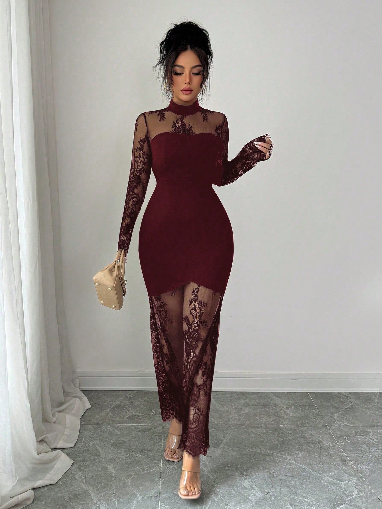 Elenzga New Lace Hollow Out Long Sleeve Dress,Burgundy,Autumn,Elegant,Evening Waist Cinched High-End Stretchy Mermaid Formal Gown Bodycon Maxi Dress Dining