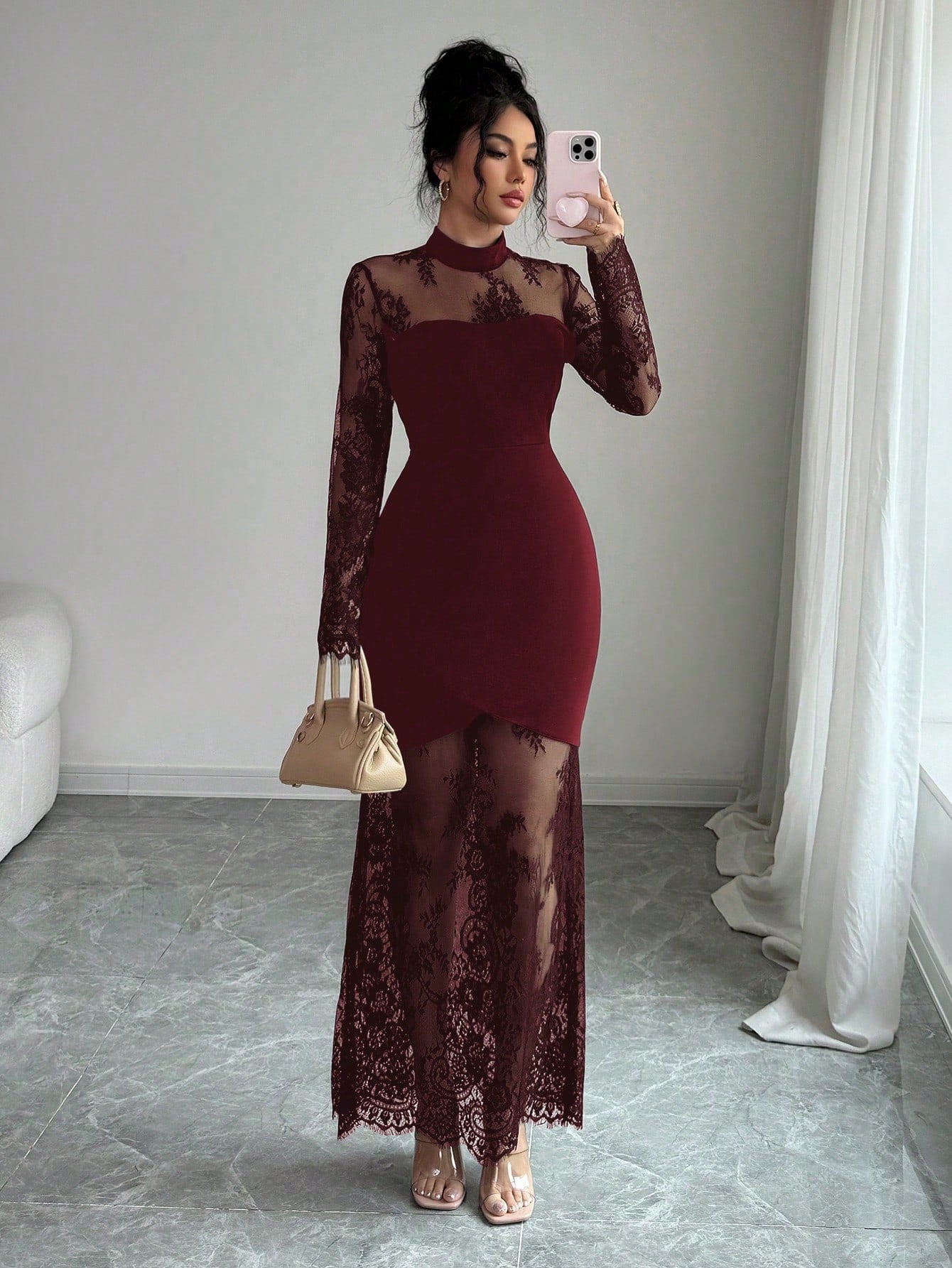 Elenzga New Lace Hollow Out Long Sleeve Dress,Burgundy,Autumn,Elegant,Evening Waist Cinched High-End Stretchy Mermaid Formal Gown Bodycon Maxi Dress Dining