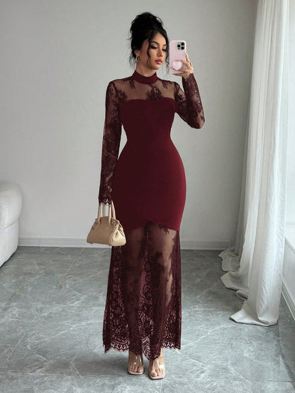 Elenzga New Lace Hollow Out Long Sleeve Dress,Burgundy,Autumn,Elegant,Evening Waist Cinched High-End Stretchy Mermaid Formal Gown Bodycon Maxi Dress Dining