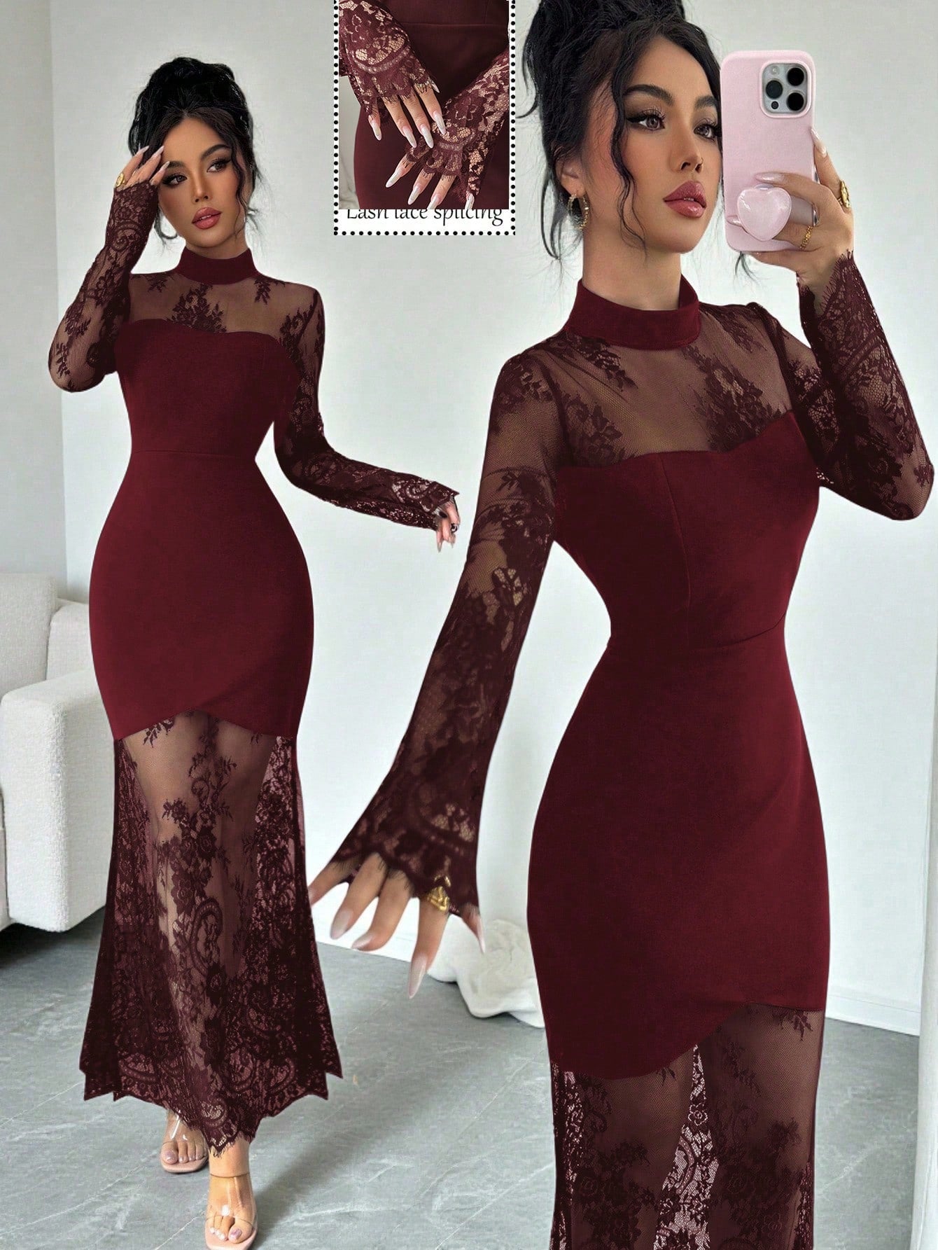 Elenzga New Lace Hollow Out Long Sleeve Dress,Burgundy,Autumn,Elegant,Evening Waist Cinched High-End Stretchy Mermaid Formal Gown Bodycon Maxi Dress Dining