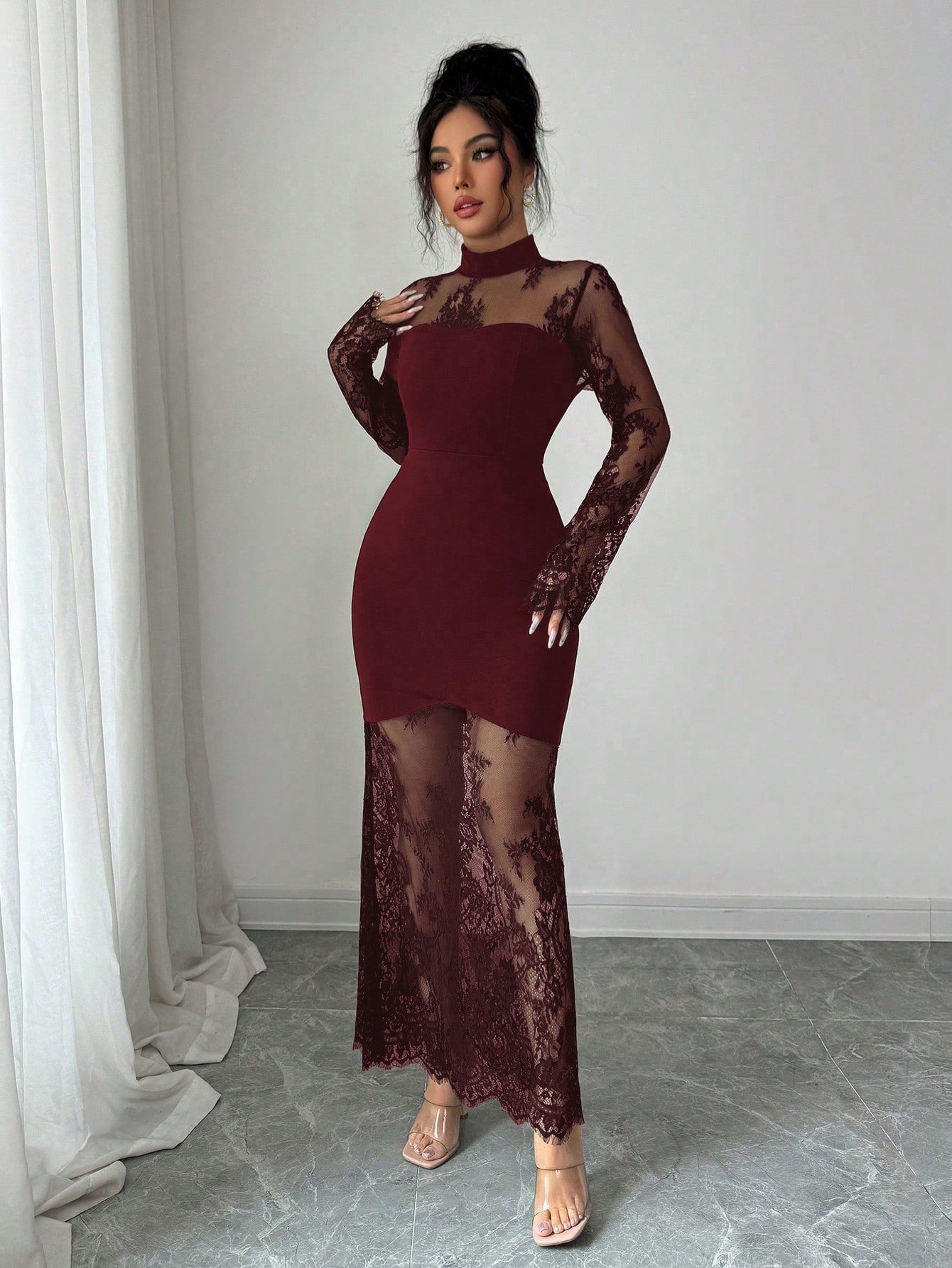 Elenzga New Lace Hollow Out Long Sleeve Dress,Burgundy,Autumn,Elegant,Evening Waist Cinched High-End Stretchy Mermaid Formal Gown Bodycon Maxi Dress Dining