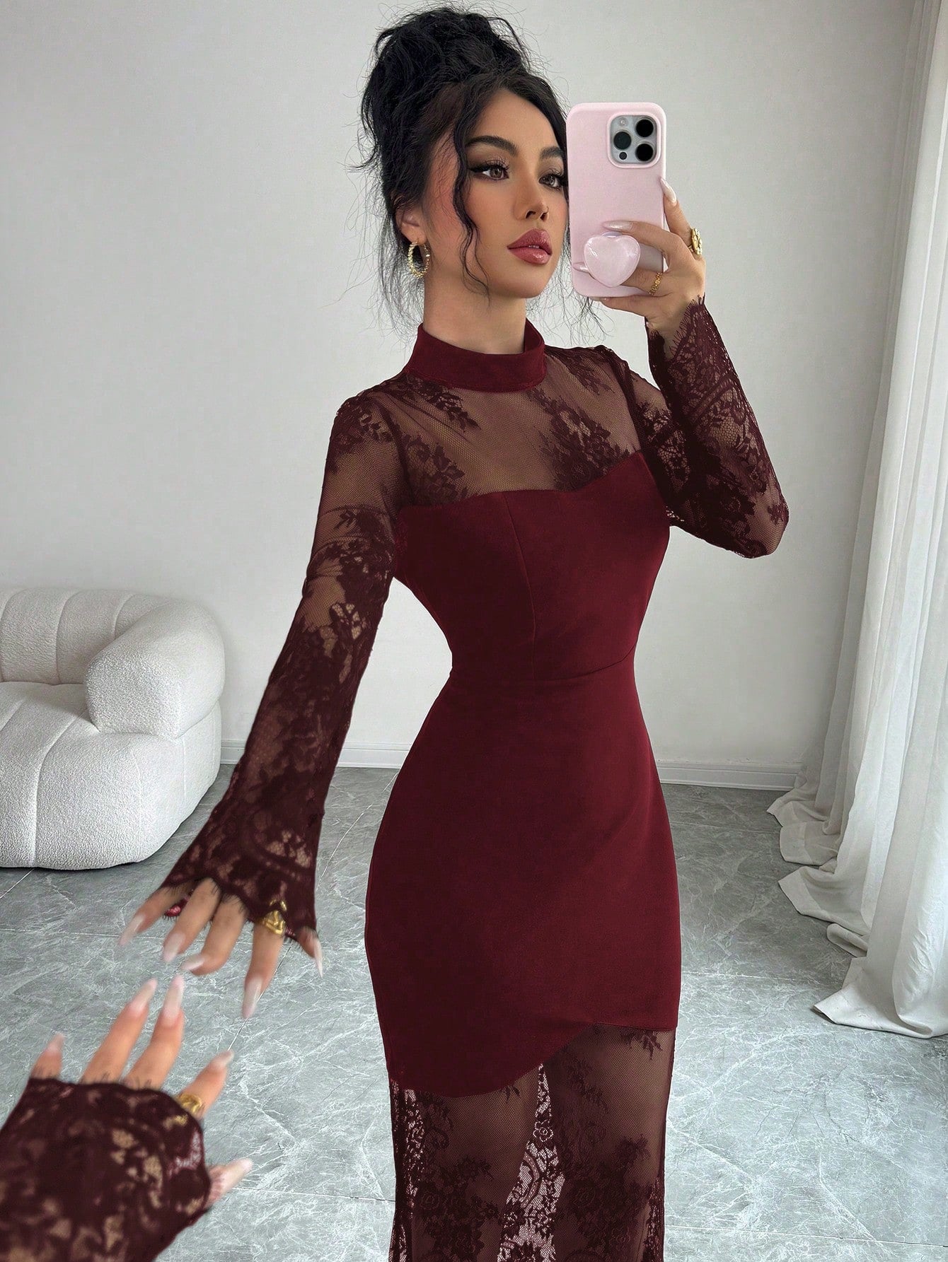 Elenzga New Lace Hollow Out Long Sleeve Dress,Burgundy,Autumn,Elegant,Evening Waist Cinched High-End Stretchy Mermaid Formal Gown Bodycon Maxi Dress Dining